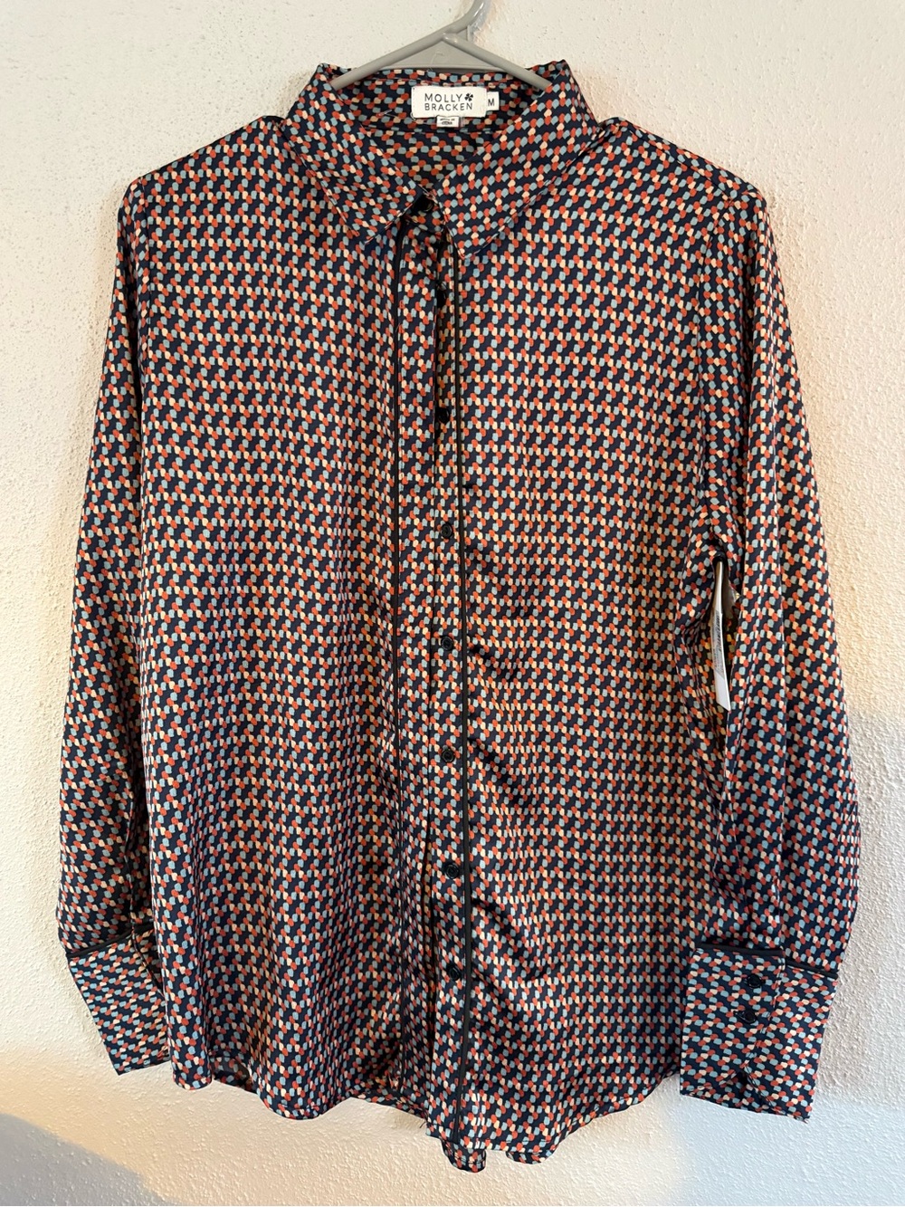 (M) Molly Bracken Navy and Rust Geometric Button-Down Shirt